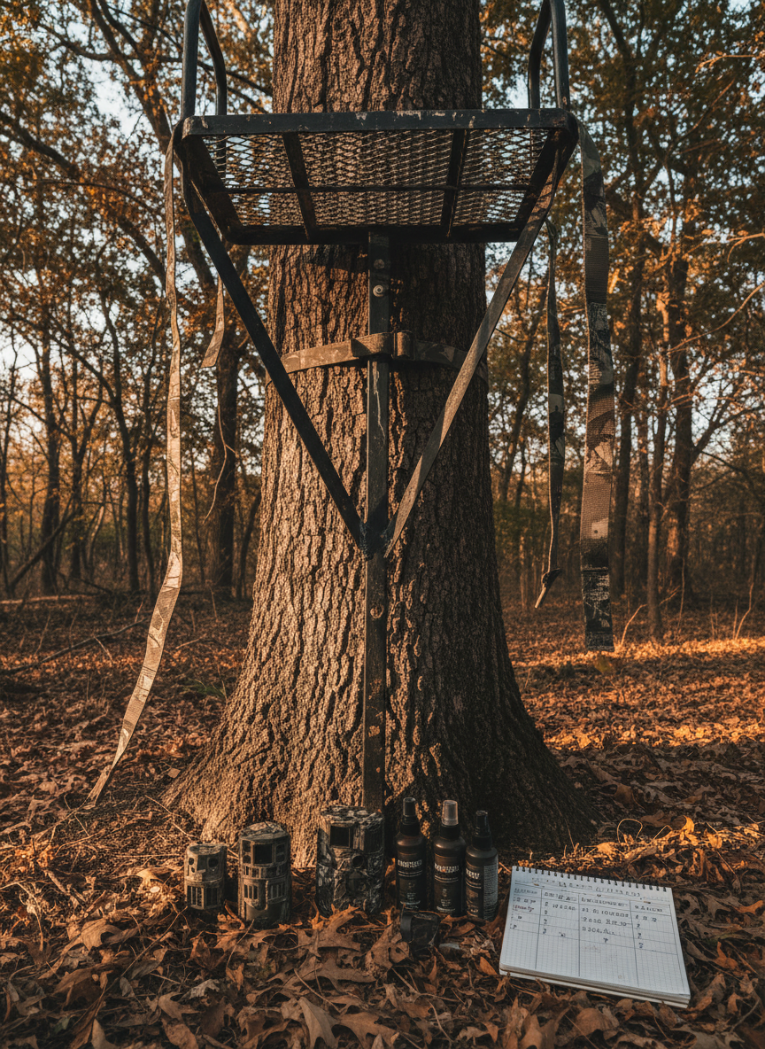 A weathered metal tree stand securely strapped to the textured bark of a tall oak, its dark, matte finish broken by scratches from years of use. At the base of the tree, a small pile of camouflaged trail cameras, scent-control bottles, and a spiral notebook labeled with dates and wind directions rests on dry leaves. Dappled late-afternoon sunlight filters through the forest canopy, casting irregular patches of light and shadow on the equipment and forest floor. Captured in photographic realism from a low-angle perspective looking upward toward the stand, the composition creates a sense of height and strategic vantage point. The atmosphere is analytical and methodical, underscoring planning and patterning game movement.