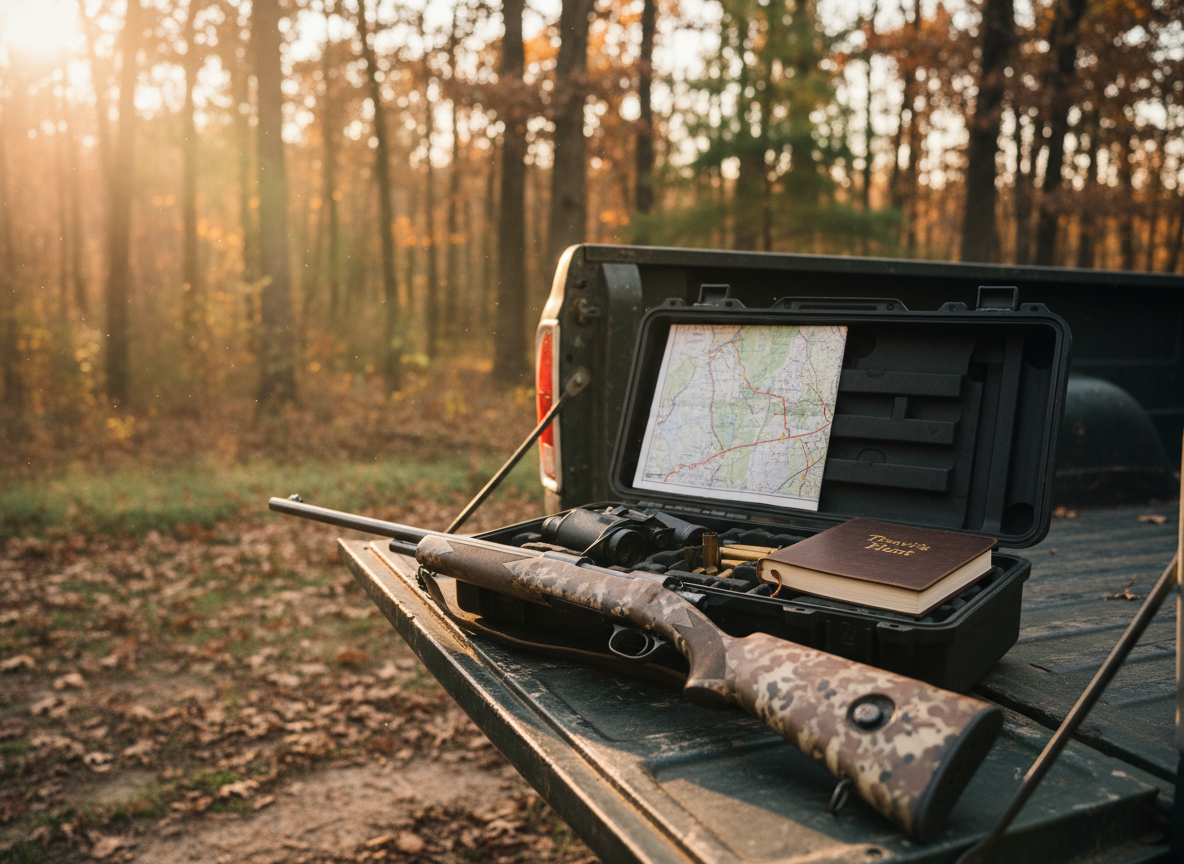 A well-used camouflaged hunting rifle resting carefully across a weathered wooden tailgate, the metal barrel showing faint wear and subtle oil sheen. Beside it lies an open hard-sided gear case with neatly arranged binoculars, spent brass casings, a topo map marked in red pencil, and a leather-bound field journal titled “Travis’s Hunt.” The truck is parked at the edge of a dense autumn forest, oak and pine trees fading into soft blur. Early golden-hour sunlight slants in from the left, catching dust in the air and creating warm highlights on the gear. Photographic realism, eye-level composition with shallow depth of field, professional and documentary in tone, conveying anticipation and disciplined preparation before the hunt.