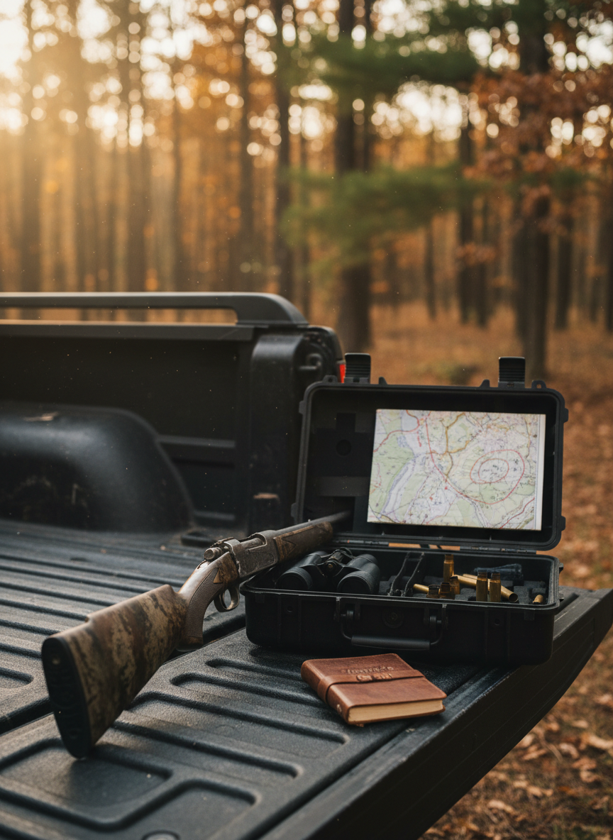 A well-used camouflaged hunting rifle resting carefully across a weathered wooden tailgate, the metal barrel showing faint wear and subtle oil sheen. Beside it lies an open hard-sided gear case with neatly arranged binoculars, spent brass casings, a topo map marked in red pencil, and a leather-bound field journal titled “Travis’s Hunt.” The truck is parked at the edge of a dense autumn forest, oak and pine trees fading into soft blur. Early golden-hour sunlight slants in from the left, catching dust in the air and creating warm highlights on the gear. Photographic realism, eye-level composition with shallow depth of field, professional and documentary in tone, conveying anticipation and disciplined preparation before the hunt.