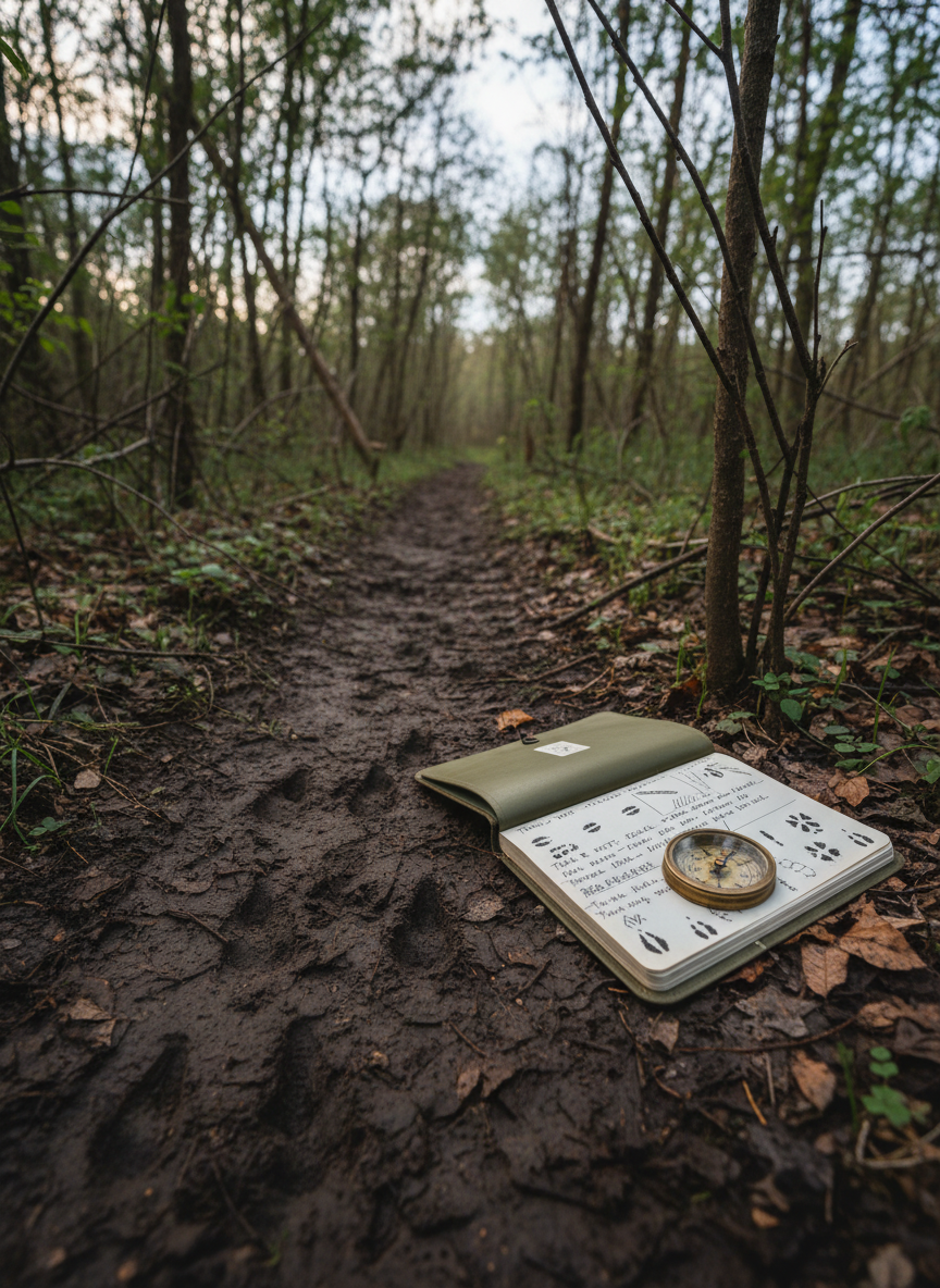 A dramatic low-angle photographic view along a narrow, muddy deer trail winding between dense brush and young saplings, with fresh, sharply detailed hoofprints stamped into the damp earth. An open, waterproof hunting notebook lies nearby, pages filled with neatly written observations and simple hand-drawn track diagrams, weighted by a brass compass. Soft side lighting from a cloudy late-afternoon sky creates gentle contrast, emphasizing the texture of mud, leaves, and bark. The background recedes into a slightly blurred tangle of branches and undergrowth. The mood is investigative and thoughtful, capturing the analytical side of Travis’s hunting story—reading sign, interpreting movement, and following subtle clues through the landscape.
