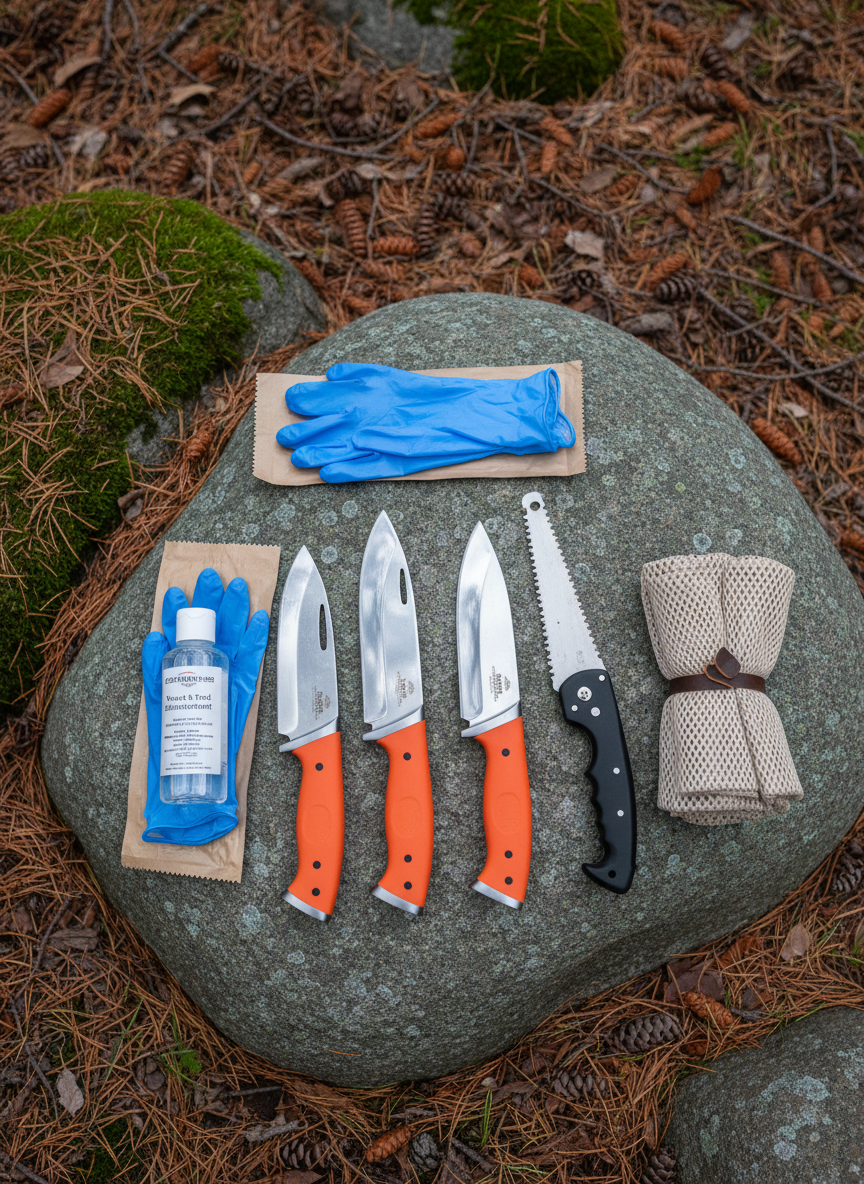 A close-up of a meticulously arranged field dressing kit on a large, flat rock beside a secluded forest clearing. The kit includes a set of razor-sharp stainless hunting knives with orange grips, a compact bone saw, latex gloves, game bags neatly folded, and a small bottle of clear disinfectant, each tool showing subtle signs of careful use. The surrounding ground is covered in brown needles and moss, with no animal remains visible. Overcast mid-morning light creates even, shadow-free illumination, ideal for documentary clarity. Photographic realism with a slightly overhead angle and sharp focus throughout, emphasizing professionalism, respect for the animal, and organized preparation, while maintaining a clean, non-graphic presentation suitable for an educational hunting blog.