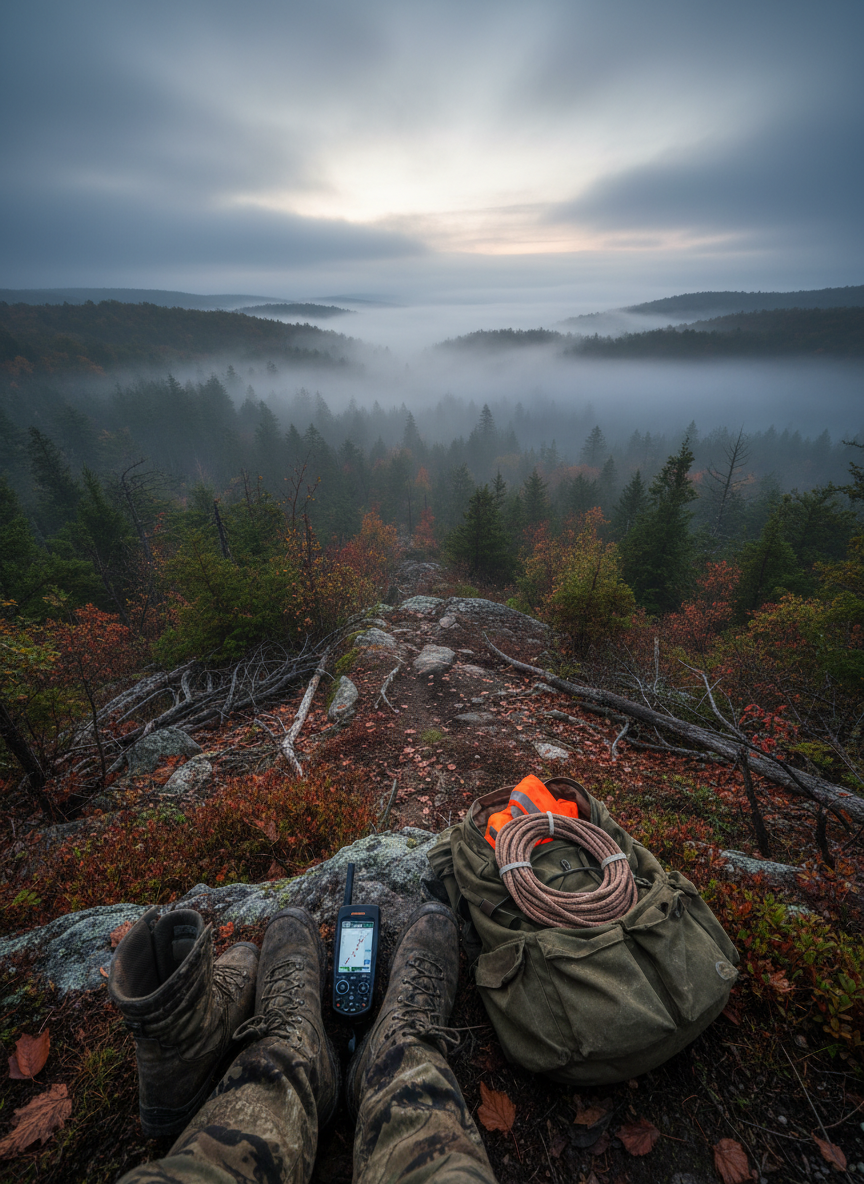 An expansive view from a rocky ridge overlooking a misty valley of mixed hardwood forest, the ground scattered with fallen leaves, broken branches, and a clearly defined game trail cutting through. In the foreground, a pair of high-quality camouflage field boots and a detailed GPS unit rest beside a worn canvas backpack partially unzipped to reveal coiled rope and an orange safety vest. Cool, diffused dawn light seeps through low clouds, creating soft, atmospheric layers in the distance. Shot with photographic realism from a slightly elevated angle, using rule-of-thirds composition to balance close-up gear with sweeping landscape. The mood is quiet, observant, and professional, emphasizing patience and careful tracking at first light.